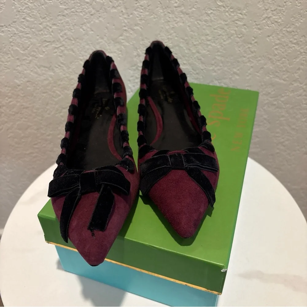 kate spade Burgundy Suede Pointed-Toe Flats with Black Ribbon Trim
